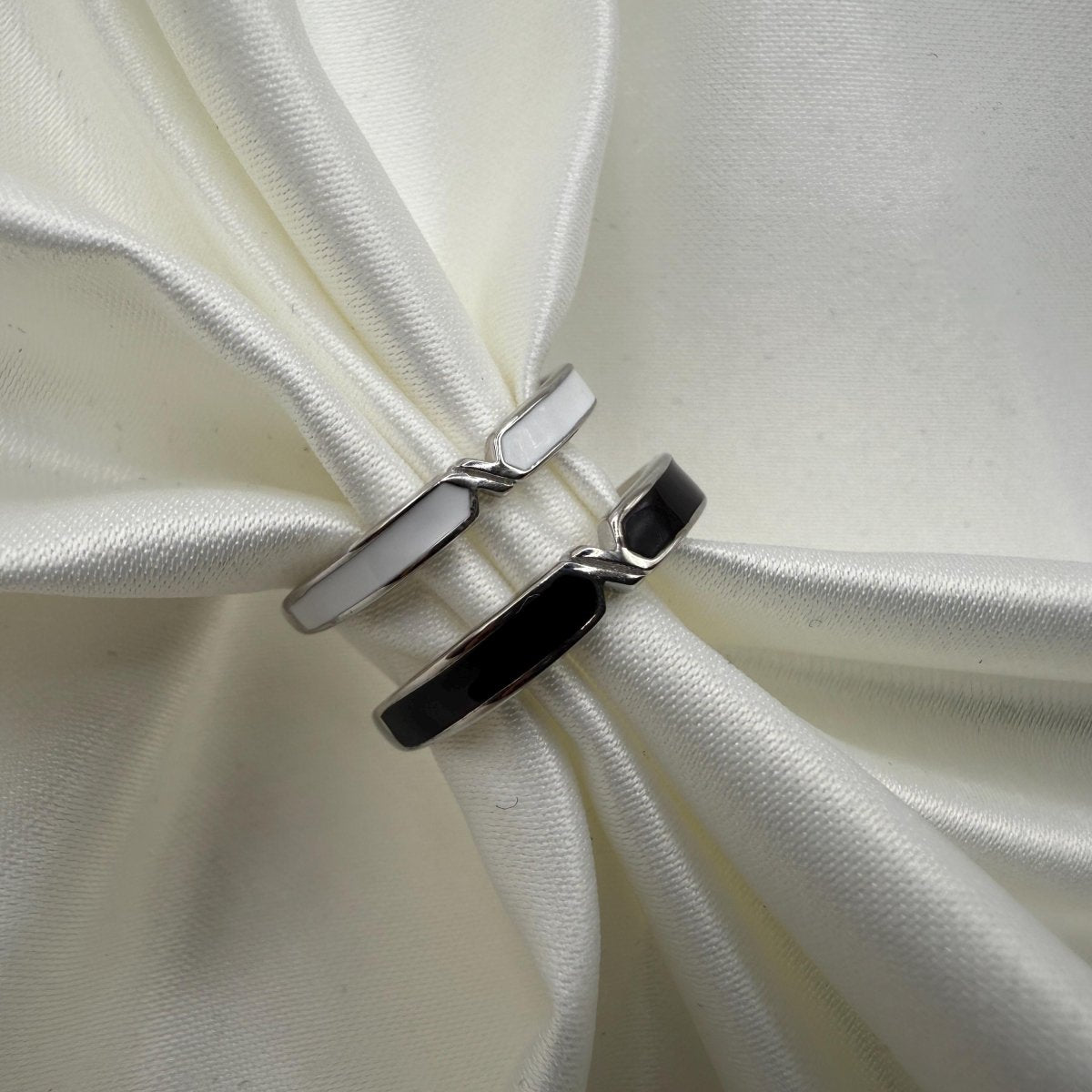 925 Sterling Silver Adjustable Ring Black & White Set Design | “Nyvayne - CouplesPicks