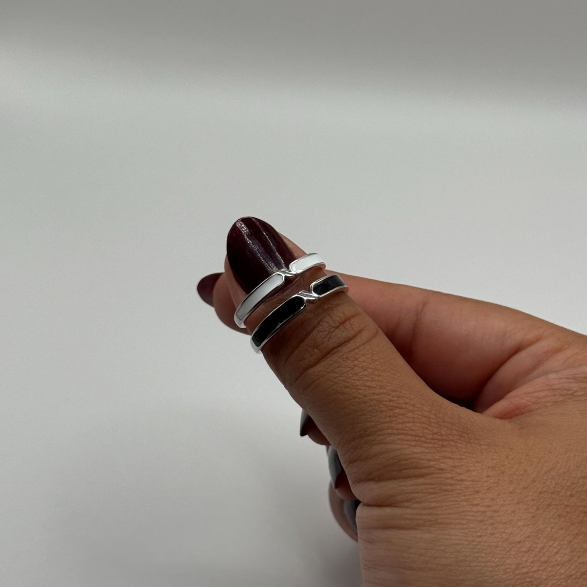 925 Sterling Silver Adjustable Ring Black & White Set Design | “Nyvayne - CouplesPicks