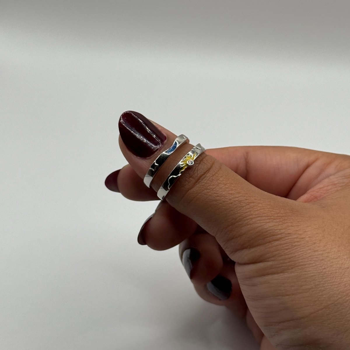 925 Sterling Silver Adjustable Ring Blue Sun & Yellow Moon Design | “Solara - CouplesPicks