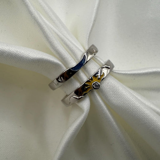 925 Sterling Silver Adjustable Ring Blue Sun & Yellow Moon Design | “Solara - CouplesPicks
