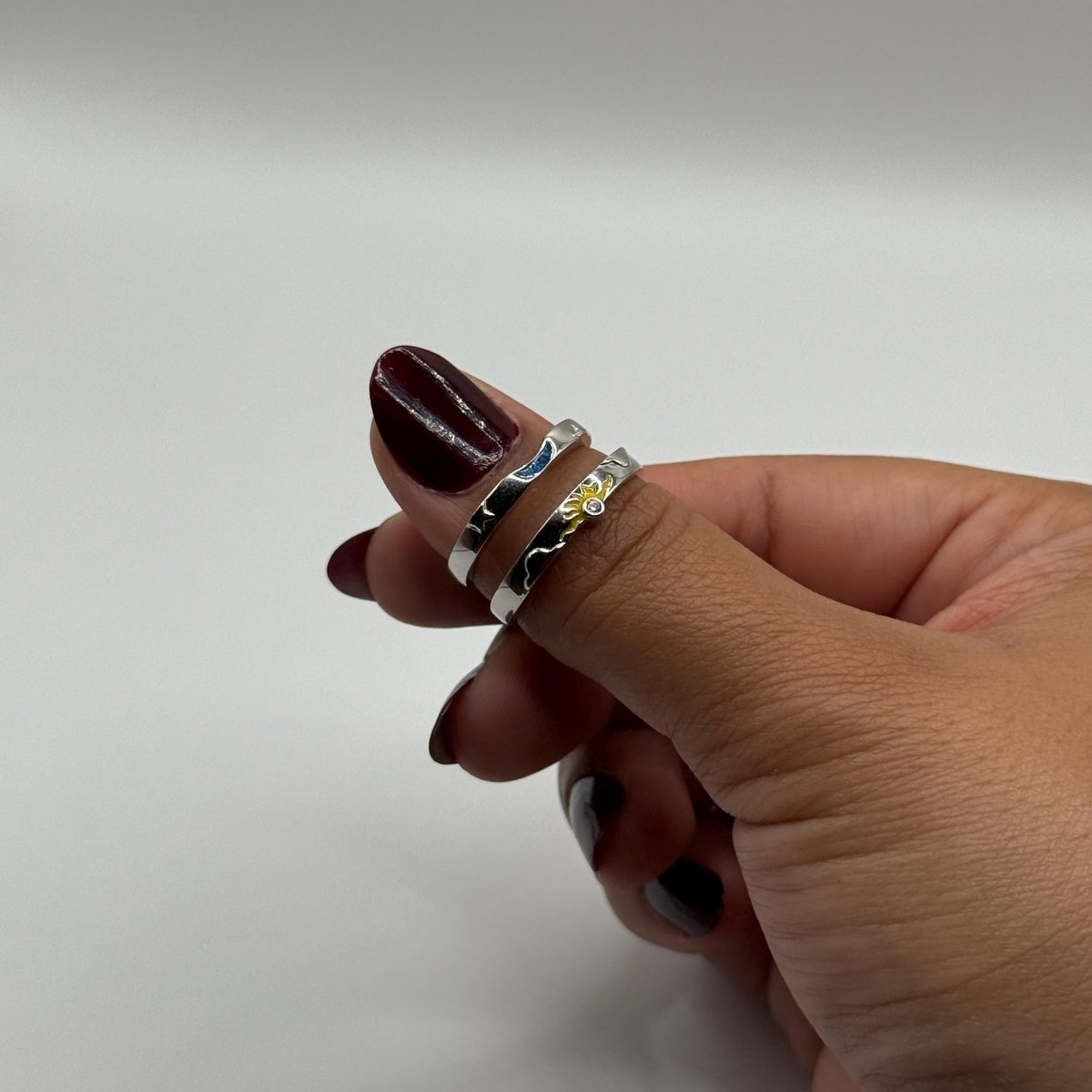 925 Sterling Silver Adjustable Ring Blue Sun & Yellow Moon Design | “Solara - CouplesPicks
