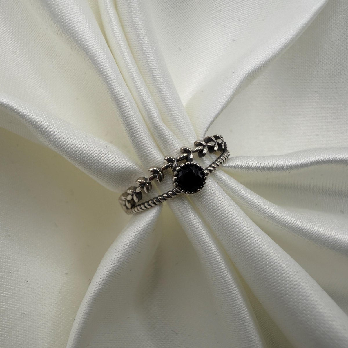925 Sterling Silver Adjustable Ring Roman Branch Black Zirconia Design | “Luneth - CouplesPicks