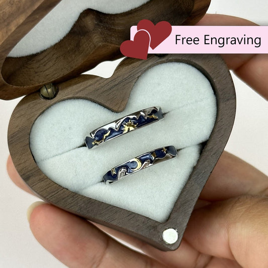 925 Sterling Silver Adjustable Ring Van Gogh Starry Night Sun & Moon Design | “Solunara - CouplesPicks