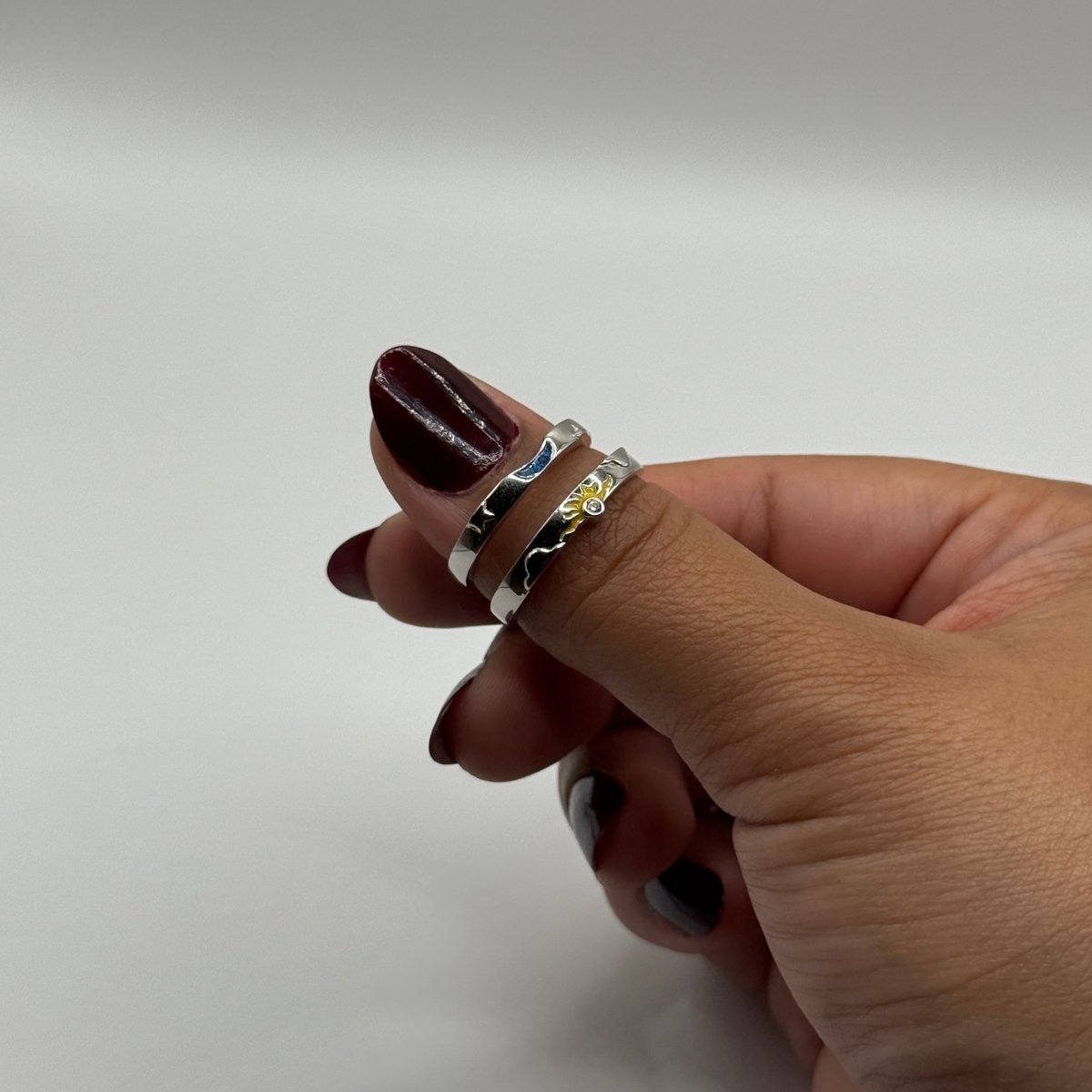 Solara 925 Sterling Silver Blue Sun & Yellow Moon Adjustable Ring - CouplesPicks