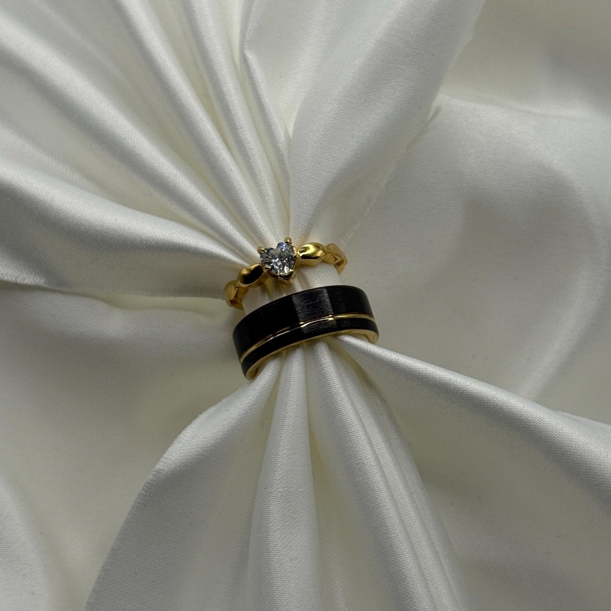 Stainless Steel and Tungsten Ring Black & Gold Zirconia Design | “Sylvarra - CouplesPicks