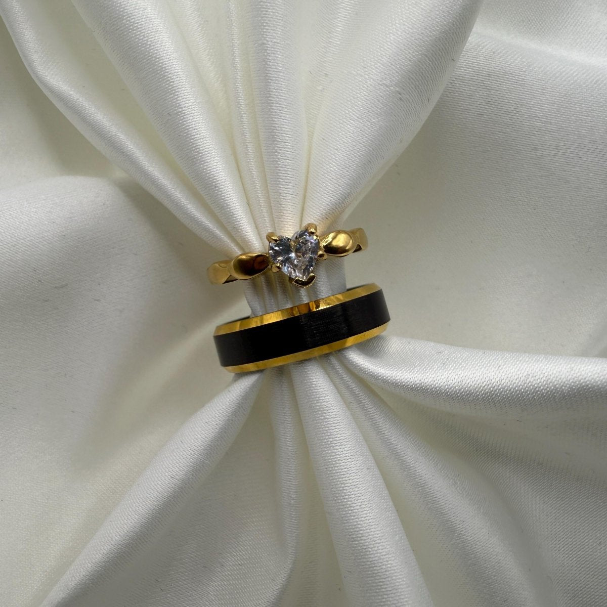 Stainless Steel and Tungsten Ring Gold & Black Zirconia Design | “Corvianne - CouplesPicks