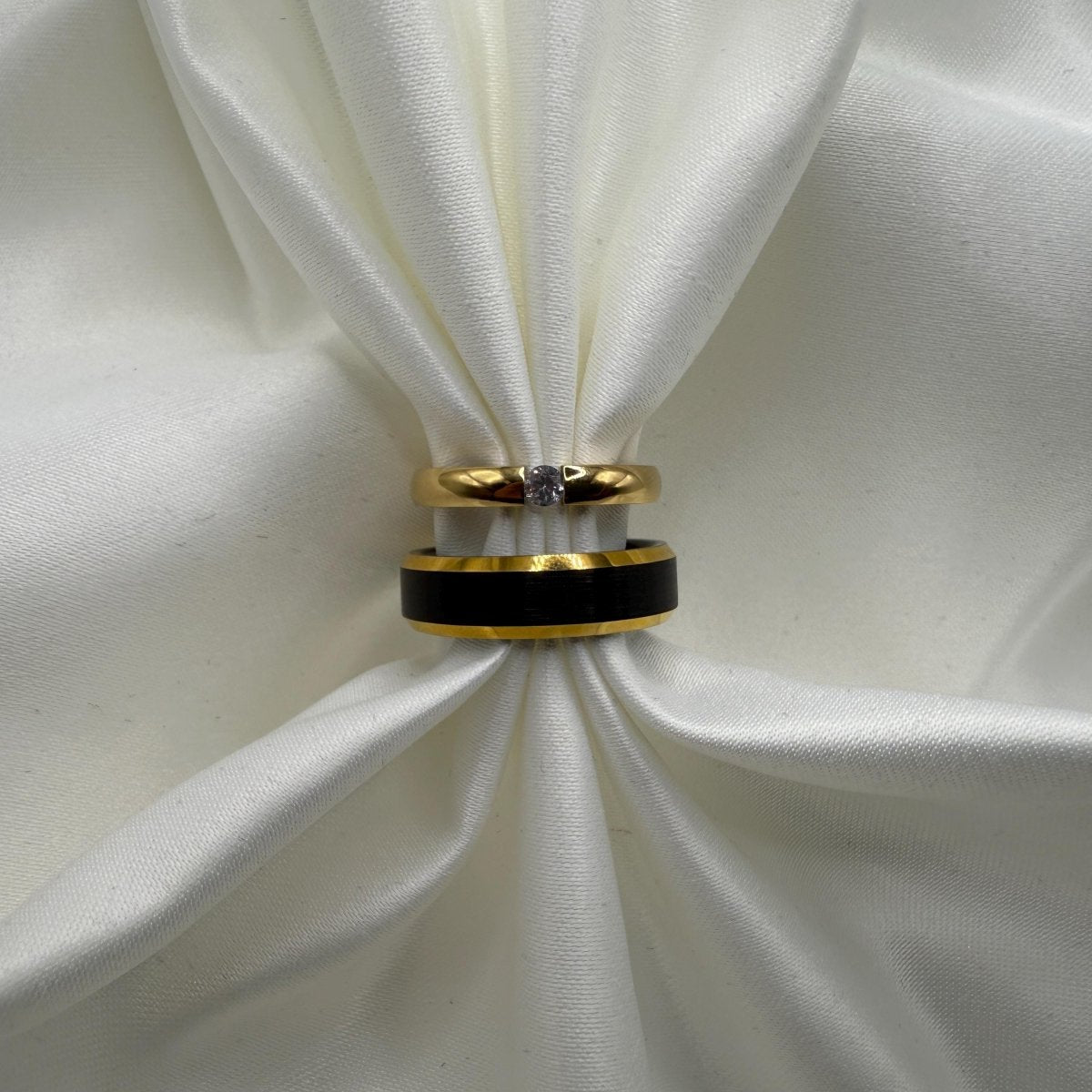 Stainless Steel and Tungsten Ring Gold & Black Zirconia Design | “Dorelis - CouplesPicks
