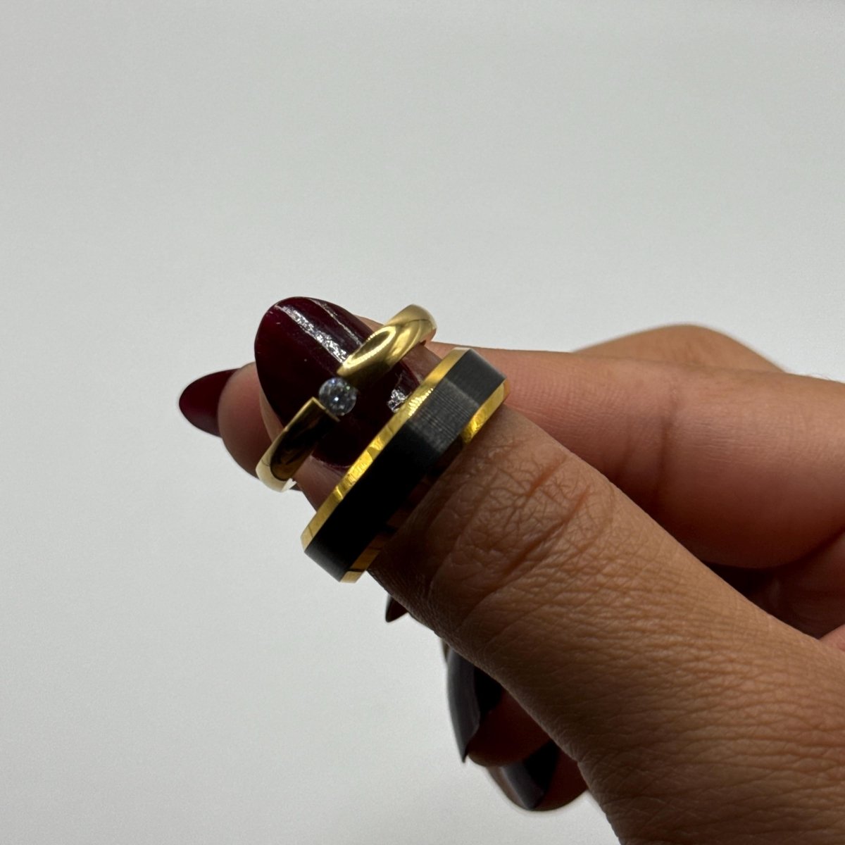Stainless Steel and Tungsten Ring Gold & Black Zirconia Design | “Dorelis - CouplesPicks