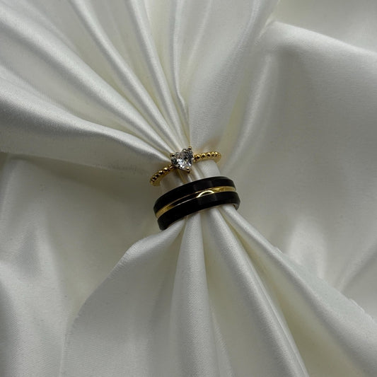 Stainless Steel and Tungsten Ring Gold & Black Zirconia Design | “Elandra - CouplesPicks