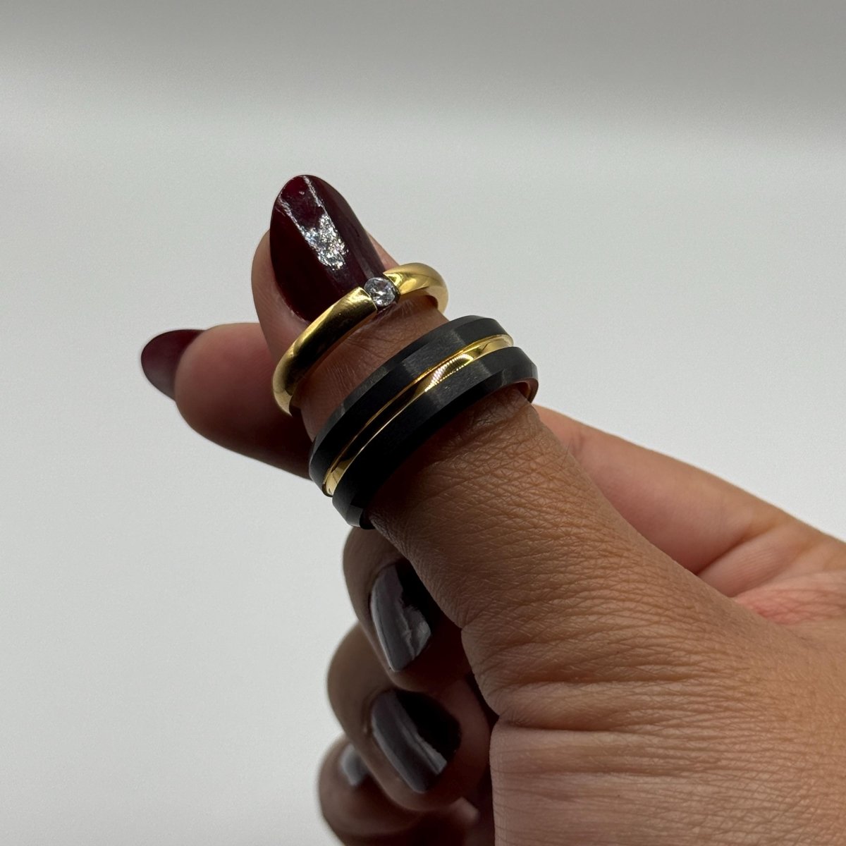 Tungsten and Stainless Steel Ring – Gold & Black Matching Couple Design with Zirconia | “Aurenyx” - CouplesPicks