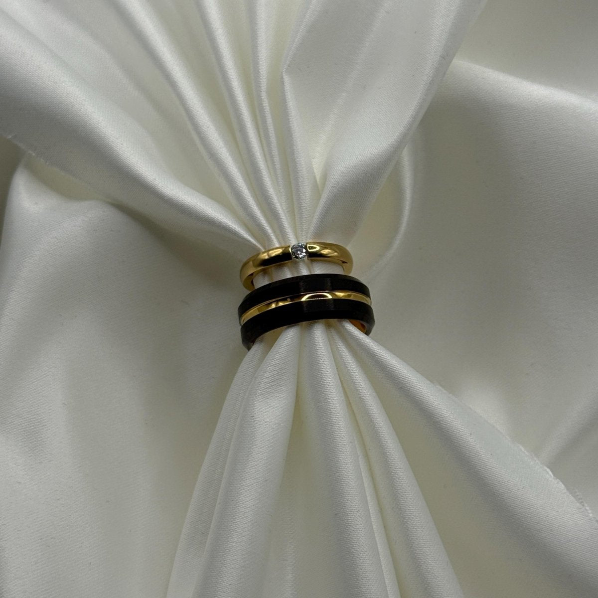 Tungsten and Stainless Steel Ring Gold & Black Matching Couple Design with Zirconia | “Aurenyx - CouplesPicks