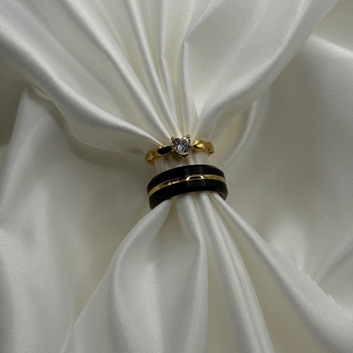 Tungsten and Stainless Steel Ring Gold & Black Matching Couple Design with Zirconia | “Marivelle - CouplesPicks