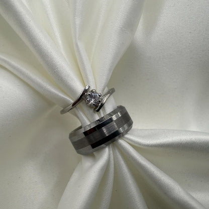 Tungsten & Stainless Steel Ring Matching Couple Design with Zirconia | “Eryndral - CouplesPicks