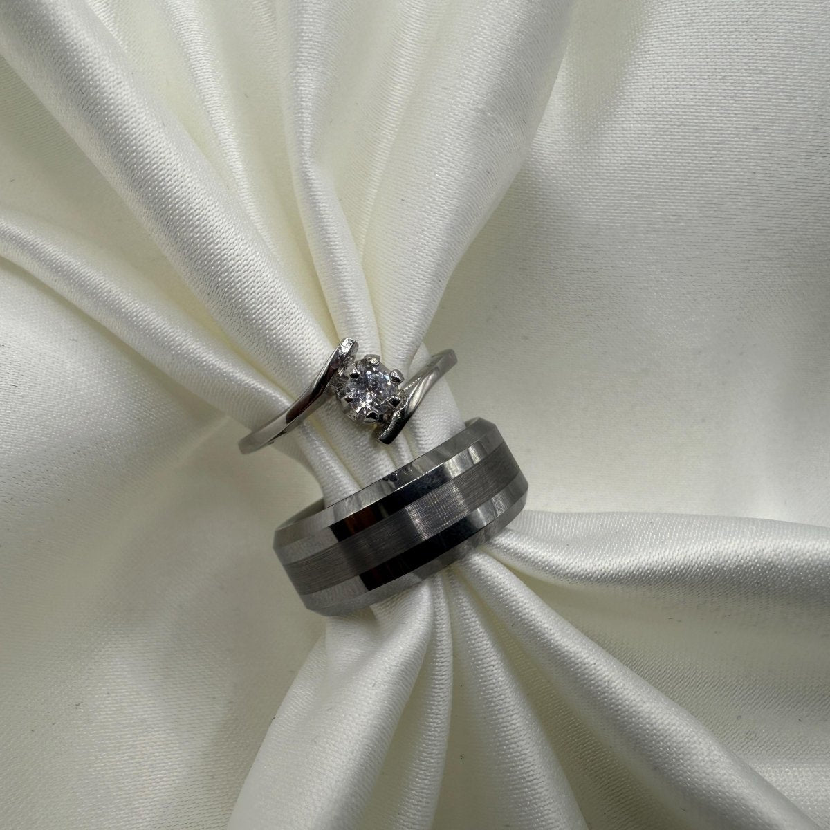 Tungsten & Stainless Steel Ring Matching Couple Design with Zirconia | “Eryndral - CouplesPicks