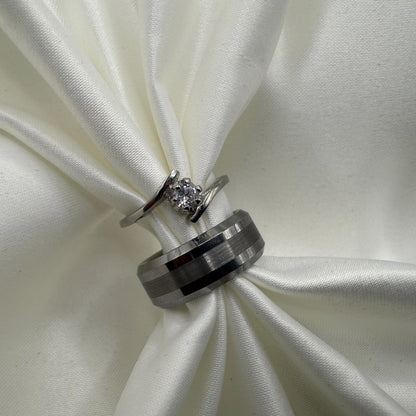 Tungsten & Stainless Steel Ring – Matching Couple Design with Zirconia | “Eryndral” - CouplesPicks