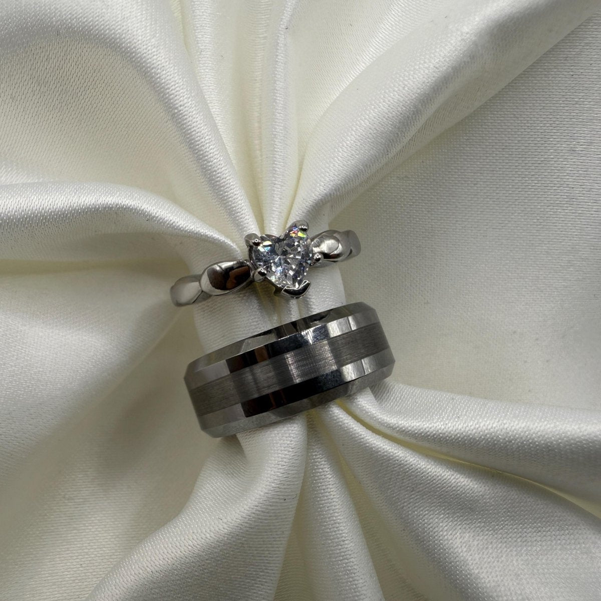 Tungsten & Stainless Steel Ring Matching Couple Design with Zirconia | “Valoria - CouplesPicks