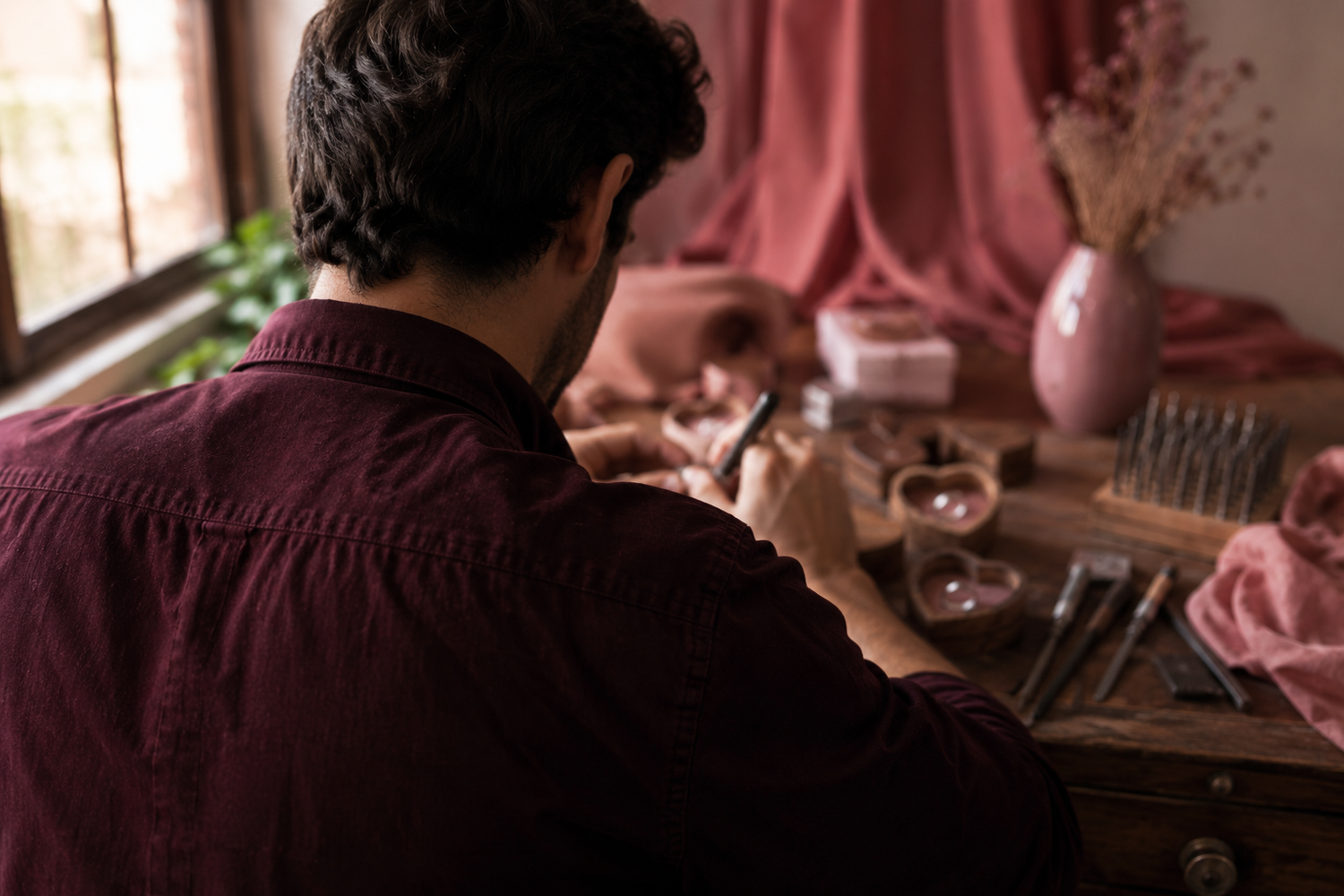 A man in a dark burgundy shirt is seen from behind, working at a wooden craft table with small tools and heart-shaped glass vessels in a warm, softly lit room.